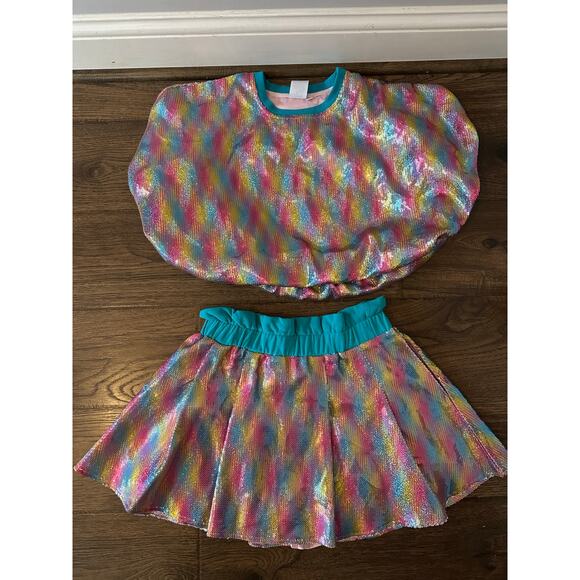 EUC Queen of Sparkles Teal Rainbow Sequin Bubble Top + Skort SET Sz Medium - Picture 3 of 12